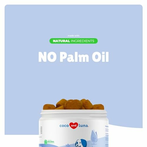 Dog treats container labeled 'No Palm Oil' with natural ingredients.