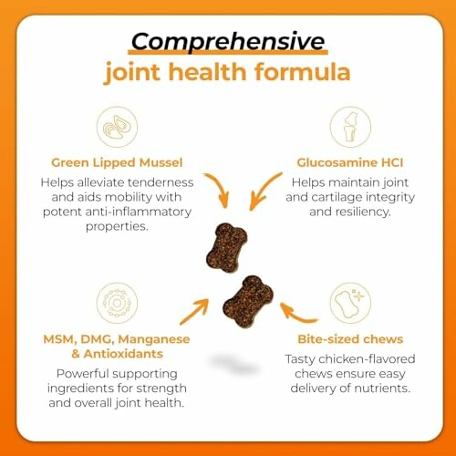 Joint health formula chews with ingredients like Green Lipped Mussel, Glucosamine HCl, MSM, DMG, Manganese, Antioxidants.